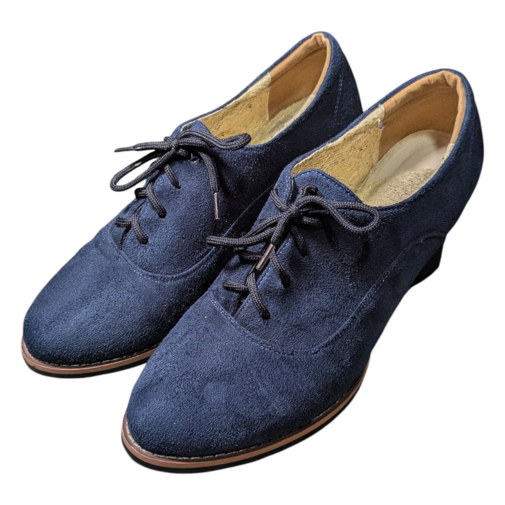 Womens British Preppy Suede Style Lace Up Low Block Heel Oxford Heel to Toe 9/10